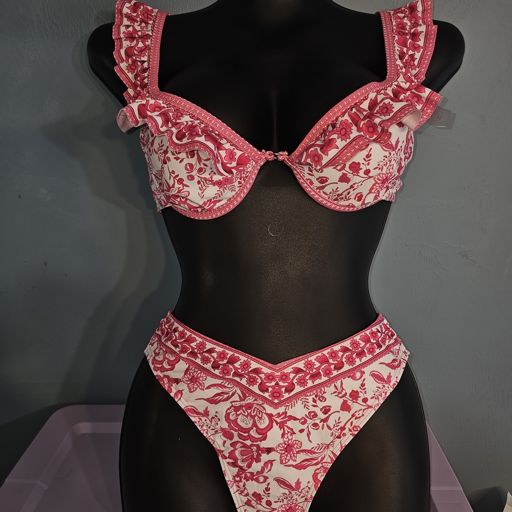 Floral Pink Ruffle Trim Bikini Set.  #1191